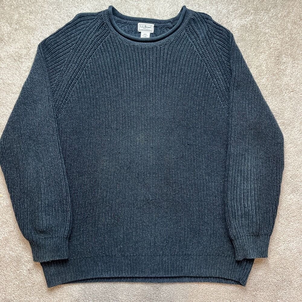 LL Bean Roll Neck Sweater Men Small Chunky Cotton Blue Fisherman Waffle Knit